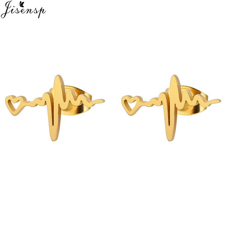 Jisensp Ecg Heartbeat Necklace Love Heart Necklaces Pendants for Women Gold Stainless Steel Jewelry Earrings Doctor Accessories