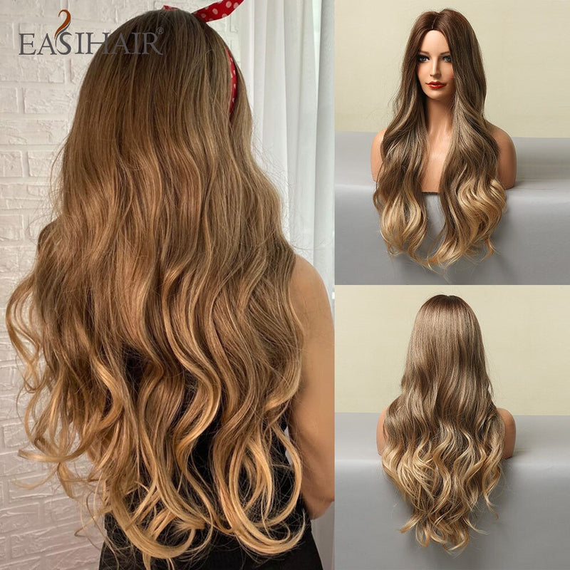 EASIHAIR Long Body Wave Light Brown Wigs with Blonde Highlights Middle Part Cosplay Heat Resistant Synthetic Hair Wigs for Women