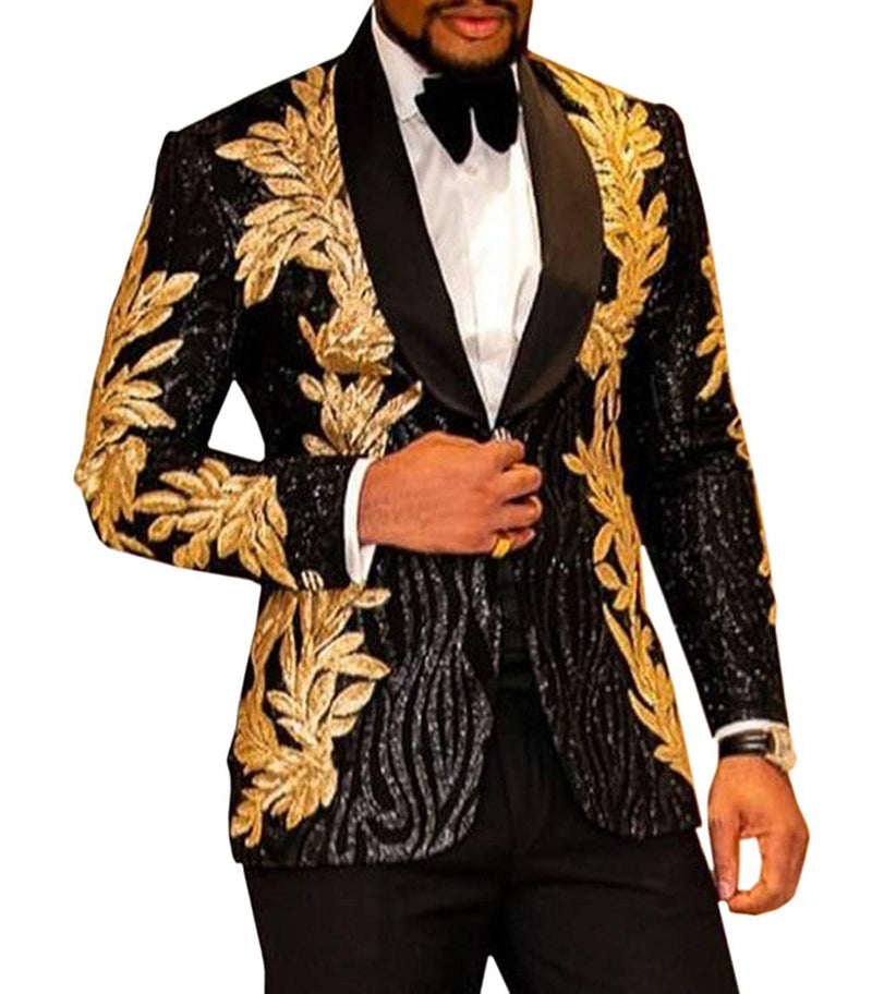 2 Pieces Slim Fit Men's Shiny Sequins Gold Applique Suits Prom Tuxedos Grooms Jacket Wedding Party Suits Set (Blazer+Pants)