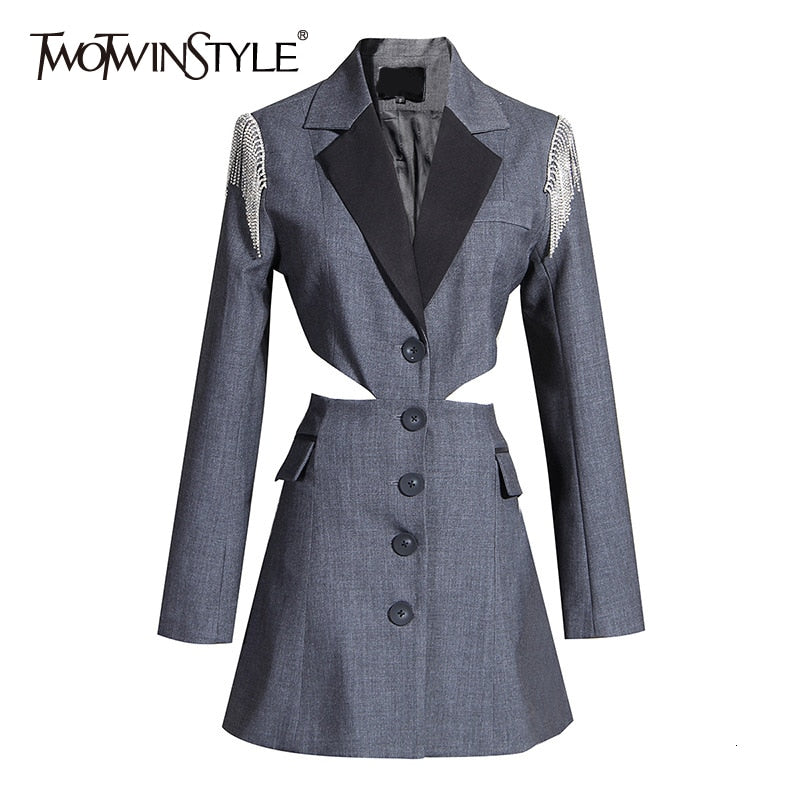 TWOTWINSTYLE Patchwork Tassel Hit Color Coats Women Lapel Collar Long Sleeve Tunic Hollow Out Jacket Female 2020 Fashion Clothes