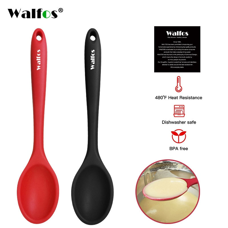 WALFOS Large Food Grade Silicone Long-handled Soup Spoon Solid Color Kitchen Silicone Spoon Flatware Utensils Accessories