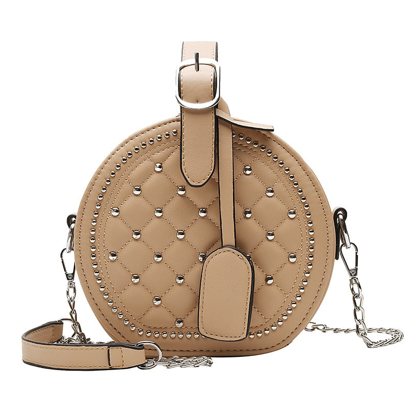 Fashion Chain Rivet Circular Women Shoulder Bag PU Leather Women&