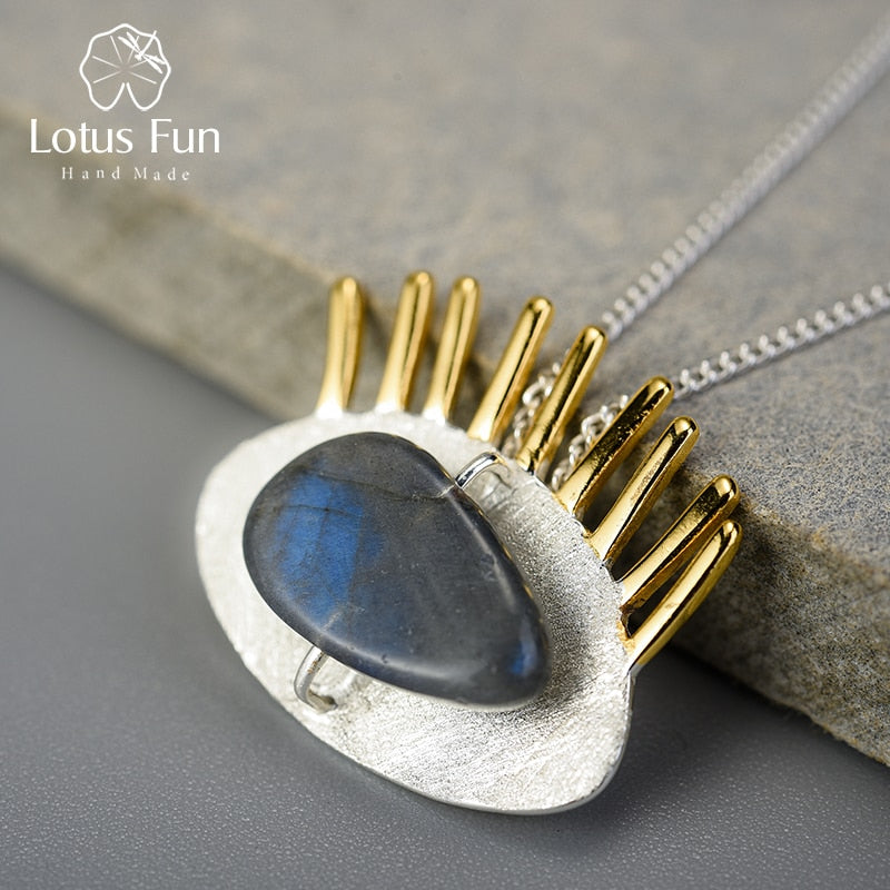 Lotus Fun Real 925 Sterling Silver Natural Labradorite Fine Jewelry Interesting Gold Eyelashes Pendant without Chain for Women