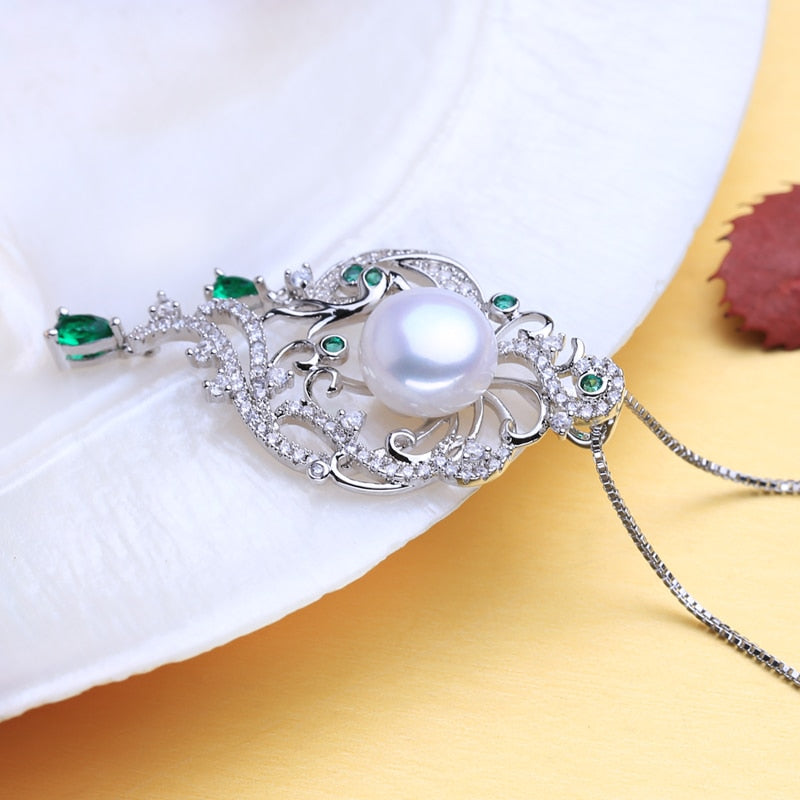 FENASY, collar con colgante de Fénix de lujo de Plata de Ley 925, collares de perlas naturales de agua dulce para fiesta bohemia esmeralda para mujer
