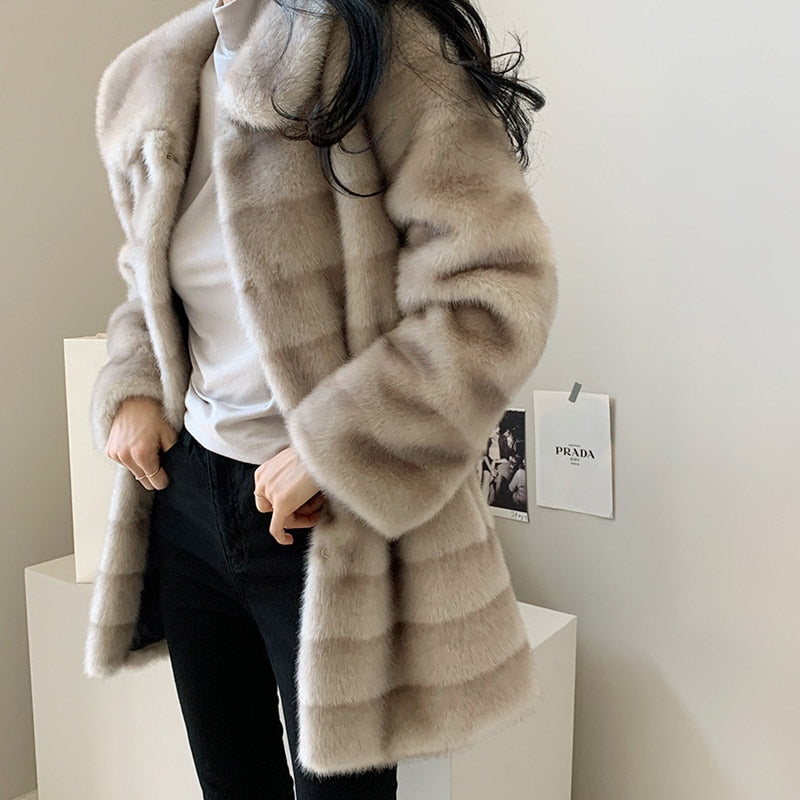 Long Jacket Women Winter 2022 Femme Veste Faux Fur Coat Mink Turn-down Collar Stripe Clothes Warm Plush Jacket Furry Overcoat
