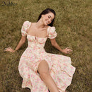 Nibber Y2k Romance francés Retro vestidos de corte bajo Mujeres Estampado floral con cordones Manga abullonada Abertura lateral Midi Vestido Vacaciones Ropa de playa