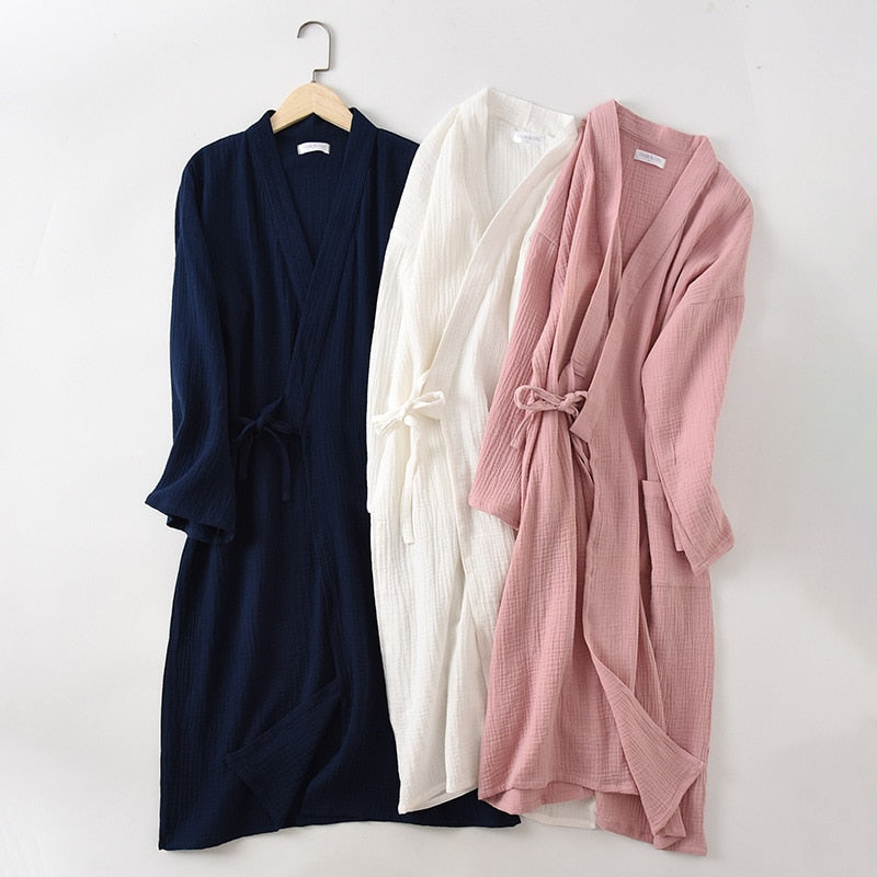 Couples Crepe Gauze Bathrobe Solid 100% Cotton Robe Long-sleeved V-neck Kimono Wedding Robes Sleepwear Plus Size Dressing Gown