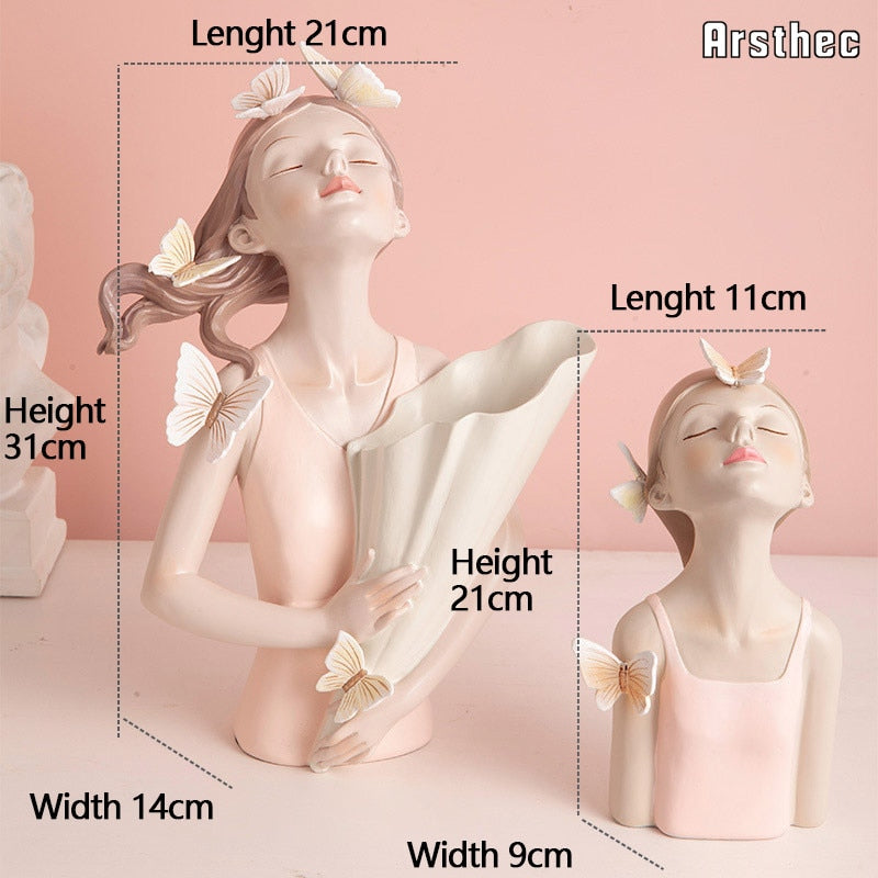 Arsthec Fairy Girl Flowers Vase Statues Kawaii Resin Art Sculpture For Interior Home Decor Wedding Valentine&