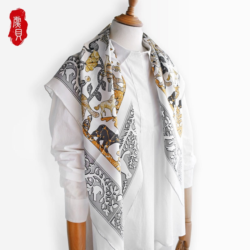 Elegant white 100% real silk satin women scarf printed with animals foulard femme square head scarfs bandana shawl gift for lady