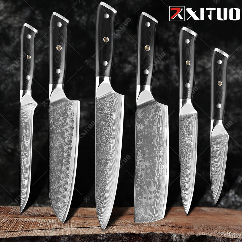 XITUO Damasco Chef cuchillo 1-8 piezas profesional Japón Sankotu Cleaver hueso cuchillos utilidad Kiritsuke pelado cuchillo de cocina