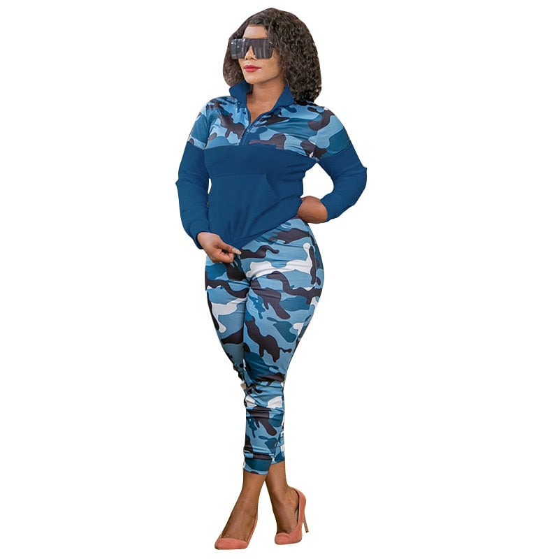 Autumn Winter Two Piece Set Women Tracksuit Zipper Stand Collar Tops And Camouflag Pants Set Fashion Patchwork Two Piece Outfits