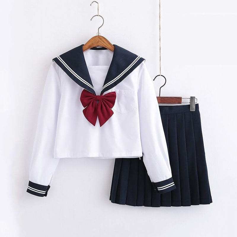 Bonito traje de marinero, conjuntos de uniformes escolares JK de manga larga para niñas, camisa blanca y falda plisada azul oscuro, trajes de Cosplay para estudiantes