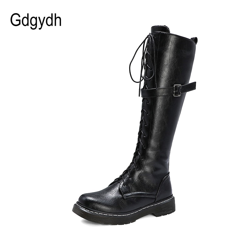 Gdgydh 2021 Autumn British Style Knee-high Boots For Women Plus Size 34-43 Female Boots Round Toe Low Heels Women Shoes Winter