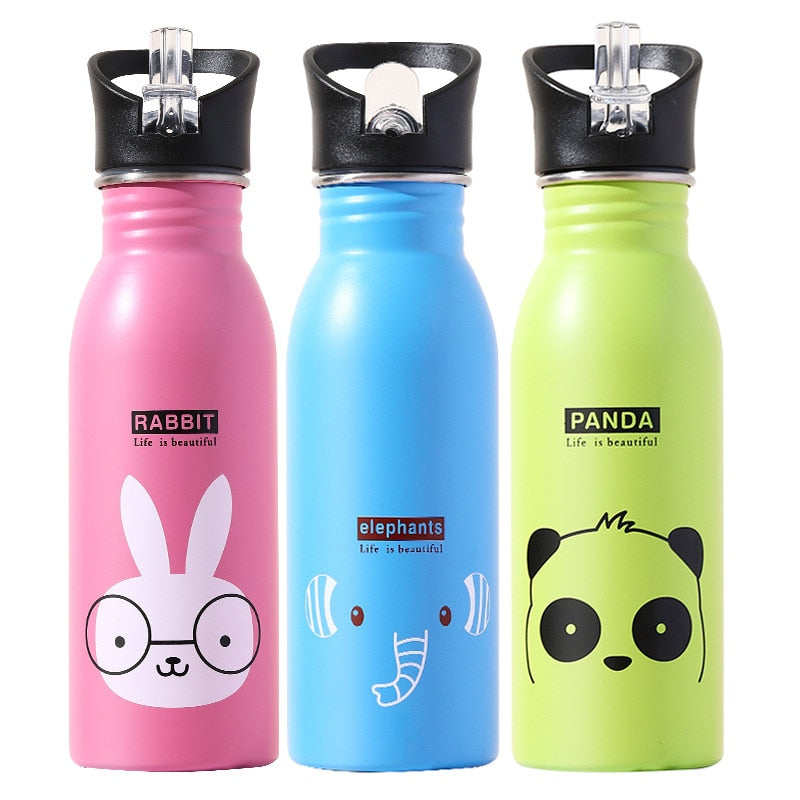 Cute Children Water Bottle Portable Outdoor Stainless Steel Water Bottles Cute Animal Pattern Cup Cold Drink Bottle with Straw