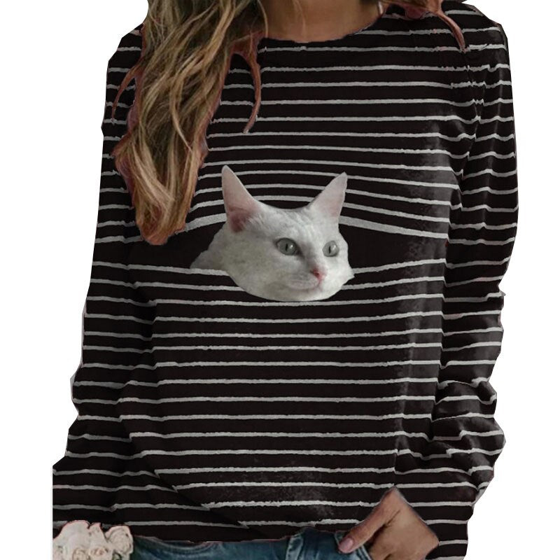 Jerséis informales con estampado 3D de gato bonito y divertido, ropa de mujer, sudaderas de primavera y otoño, camisetas de manga larga, ropa de mujer, Tops de moda