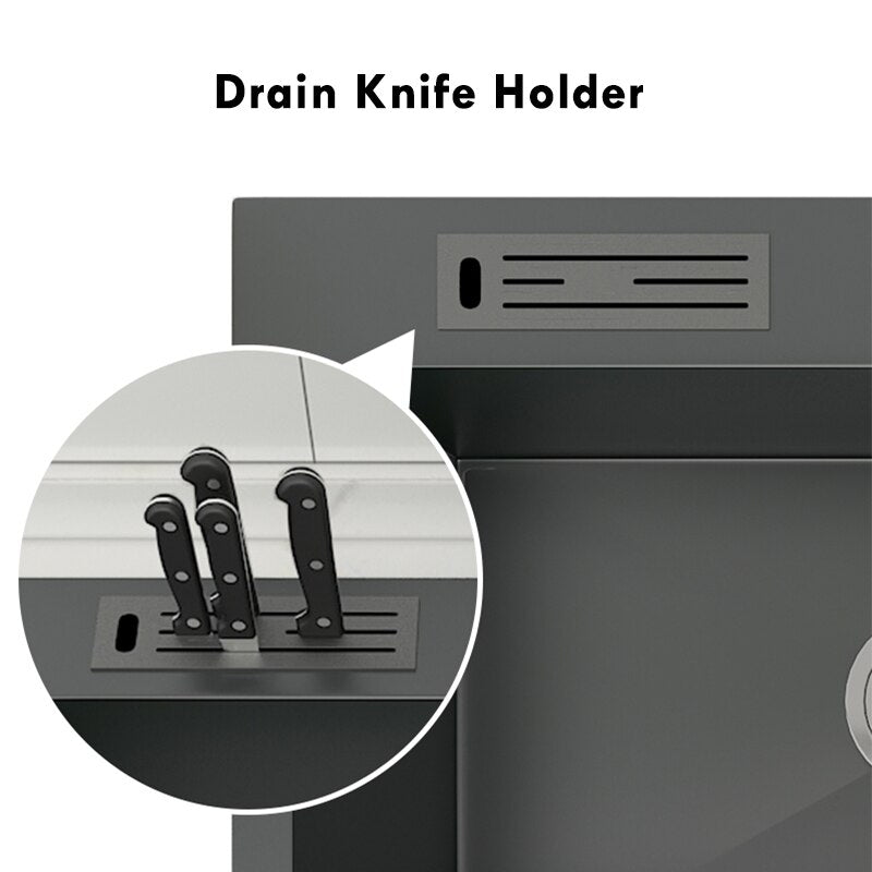 Fregadero de cocina de montaje superior de acero inoxidable 304 con soporte para cuchillos, lavabo multifunción de un solo cuenco, lavabo gris oscuro para accesorios de cocina