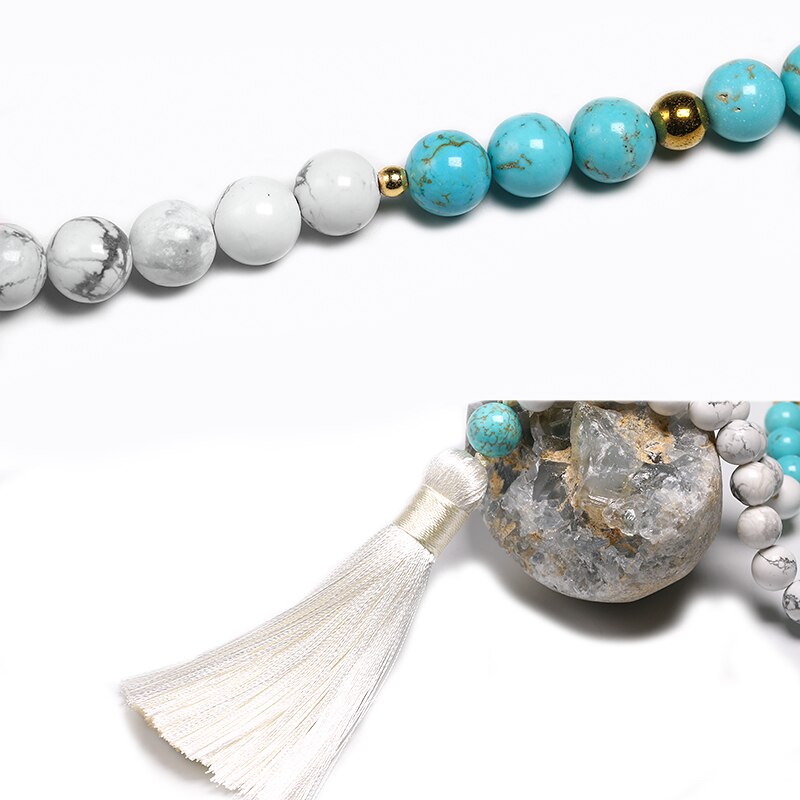 8 mm natürliche weiße Howlith-Steinperlen und blaues Türkis-Armband für Frauen-Mann-Halsketten-Sets Meditation 108 Mala-Perlen-Schmuck