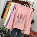 Spring and autumn Fashion street Casual Women Long sleeve T-shirt loose 100% cotton Soft Pullovers Harajuku Feather print Tops