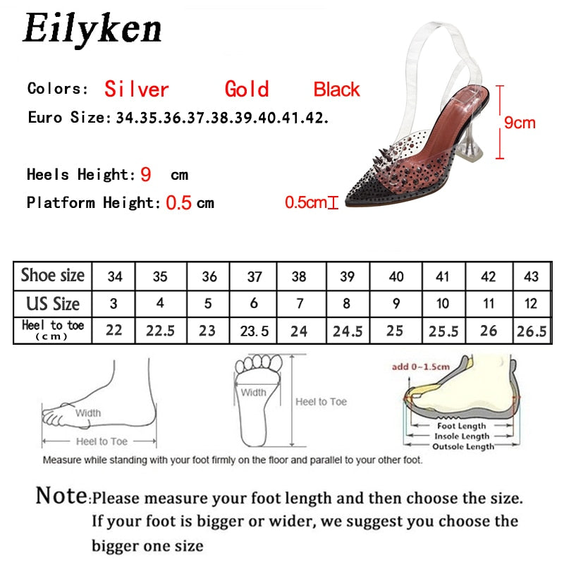 Eilyken 2022 Neue Gold Silber PVC Transparente Niet Diamant Pumps Sandalen Plexiglas Ferse Spitzschuh Kristall Silber Hochzeit Pumps