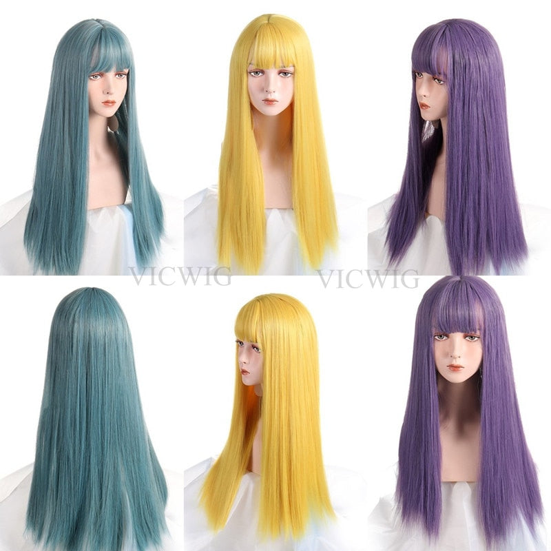 VICWIG Cosplay Wig With Bangs Synthetic Straight Hair 24 Inch Long Heat-Resistant Pink Wig For Women