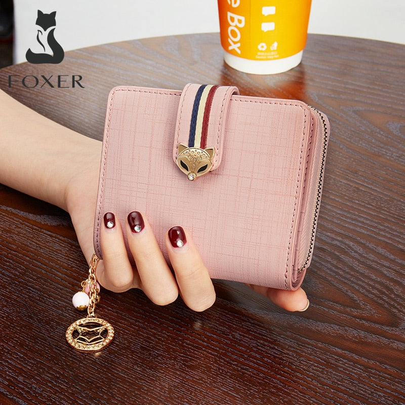 FOXER Card Holder Split Leather Women&#39;s Wallets Designer Coin Purse Girl&#39;s Zipper Wallet High Quality Short Wallet with Pendant