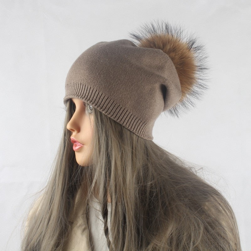 Autumn Winter Pompom Beanie Hat Women Wool Knitted Skullies Beanies Casual Female Cashmere Cap Real Raccoon Fur Pompom Hat