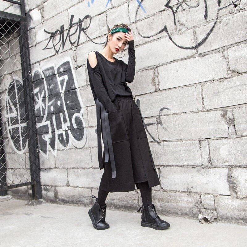 Streetwear Women Spring Pocket Wide Leg Pants Casual Elastic Waist Loose Calf -length Pants 1010