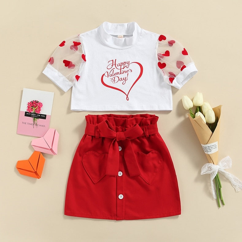 Neue Kleinkind Kinder Baby Mädchen Valentinstag Kleidung Langarm Liebe Herz Gedruckt Shirt Tops Tutu Rock 2 Stücke Outfits Set