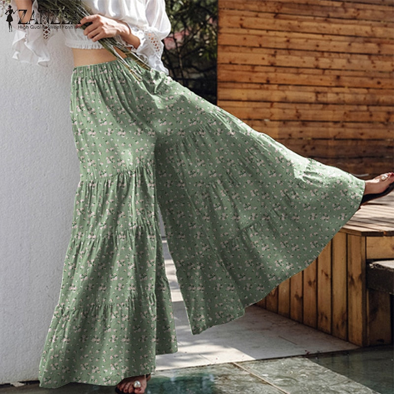 Vintage Women's Wide Leg Trousers ZANZEA 2022 Solid Pants Casual Elastic Waist Long Pantalon Palazzo Female  Turnip