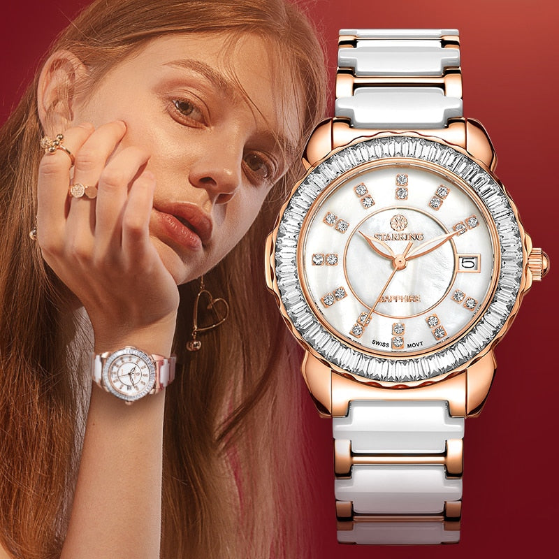 STARKING Marke Keramikuhren Neue Ankunft Quarz Frauen Luxusuhr Weibliche Uhr Weiß Voll Kristall Mode Casual Armbanduhren