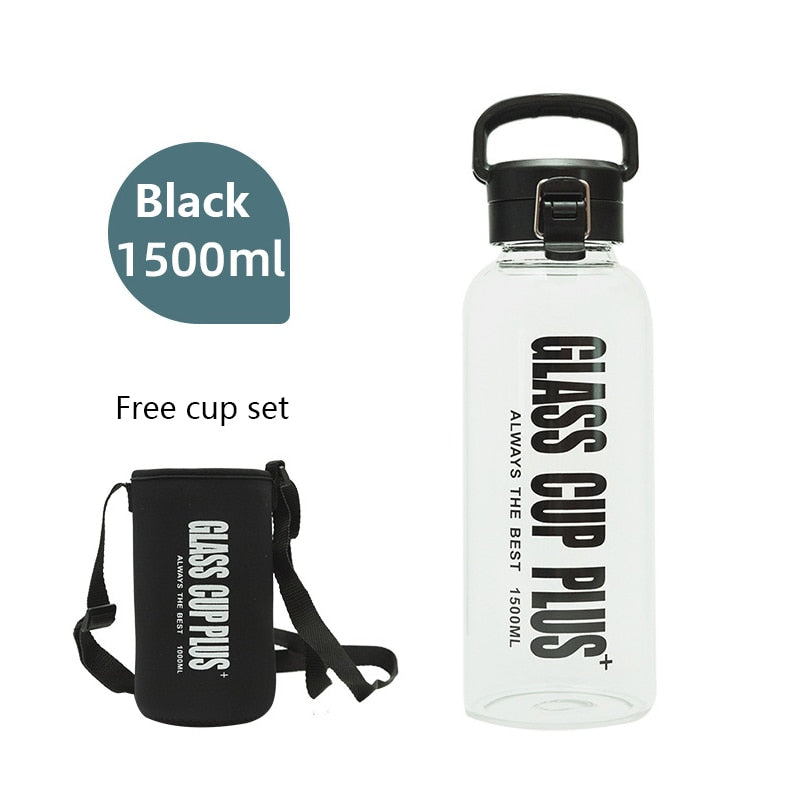 Large Capacity Portable Glass Water Bottles 0.6L 1L 1.5L 2L Sport Camping Cycling Water Bottle Fashion Heat resistant Bottle