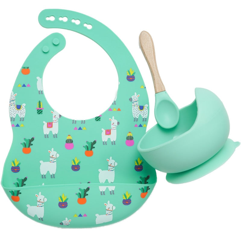 Colorful Silicone Spoon With Wooden Handle Hot Selling Baby sucker Bowl Waterproof Adjustable Baby Bibs Print Saliva Towel.