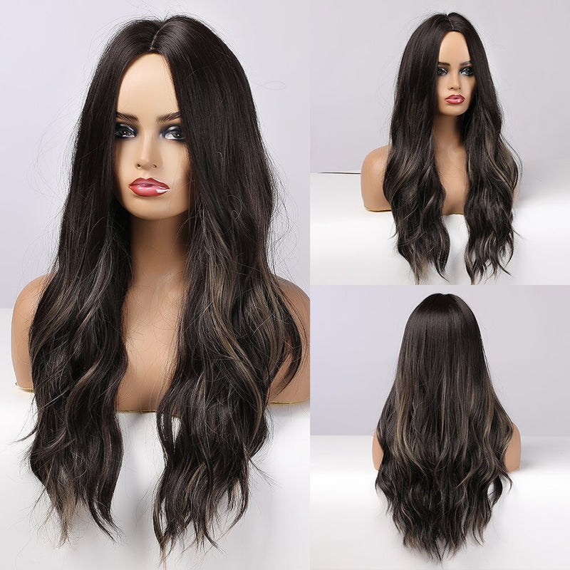 GEMMA Long Wavy Natural Middle Part Synthetic Wig Women Fake Hair Heat Resistant Black Brown Blonde Red Highlight Cosplay Wigs