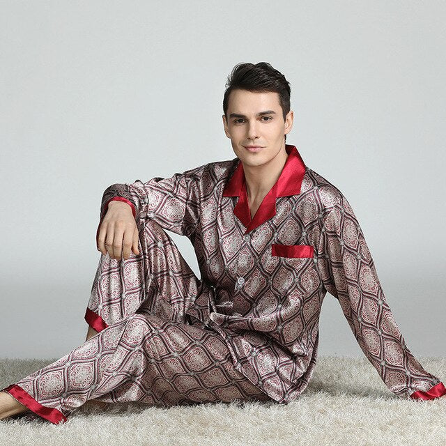 Conjunto de pijama de seda manchada de primavera para hombre, pijama para hombre, ropa de dormir de estilo moderno, camisón de seda para el hogar, satén suave y acogedor para dormir