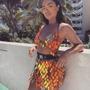 Glisten Rhombic Sequins Two Piece Set Hollow Out Metal Chain Crop Tops Sexy Mini Skirt Summer Rave Festival Lady Outfits