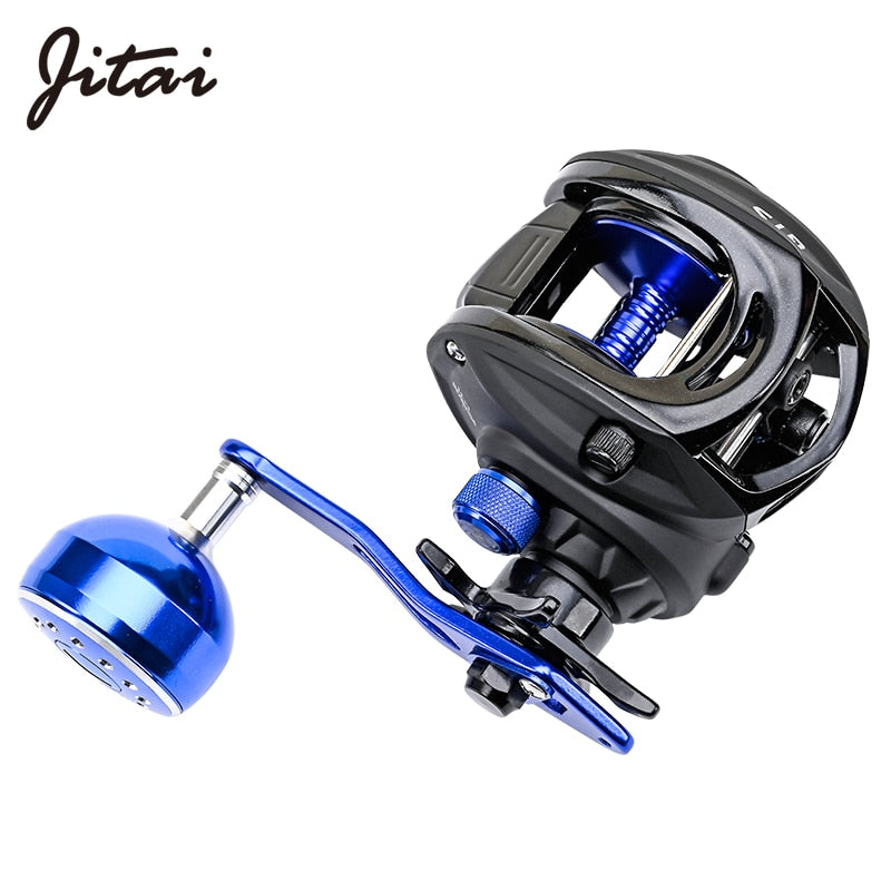 Carrete de pesca JITAI Baitcast, línea de pesca más grande, capacidad 12BBs 7,0: 1, relación de engranaje, perilla de mango extendido de 92MM, arrastre de fibra de carbono de 8KG