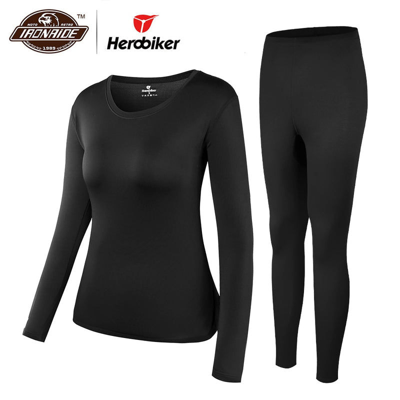 Herobiker Women Fleece Lined Thermal Underwear Set Winter Elastic Motorcycle Skiing Warm Long Johns Shirts &amp; Tops Bottom Suit