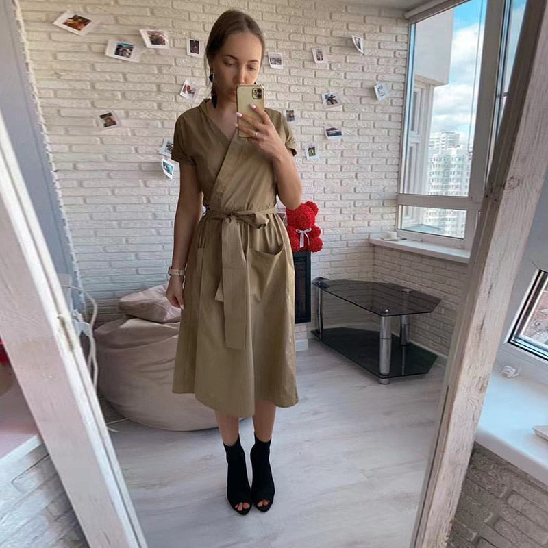 Office Lady Women Casual Sashes A-Line Dress Ladies Short Sleeve V-Neck Summer Dress 2022 Fashion Midi Party Dress Vestidos