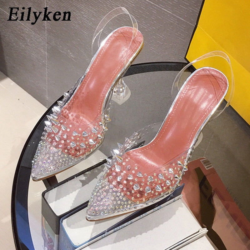 Eilyken 2022 nuevo oro plata PVC transparente remache diamante bombas sandalias Perspex talón puntiagudo cristal plata boda bombas