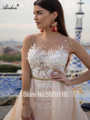 Alonlivn elegante vestido de novia 2 en 1 tul champán con cinturón dorado apliques de tren extraíbles vestidos de novia sin mangas de encaje