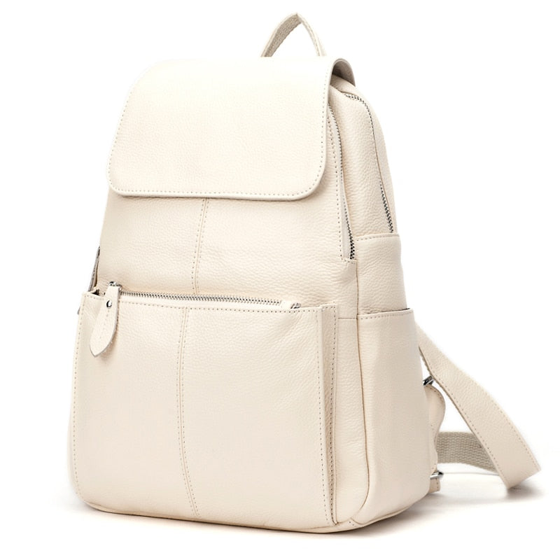 Mochila Zency 100% de cuero genuino para mujer, bolso de viaje a la moda para mujer, mochilas escolares de estilo pijo para chica, mochila para ordenador portátil, negro y blanco