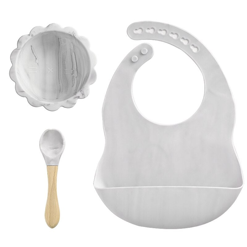 BPA Free Baby Silicone Tableware Waterproof Bib Flexible Saliva Towel Solid Color Sucker Bowl And Spoon For Children