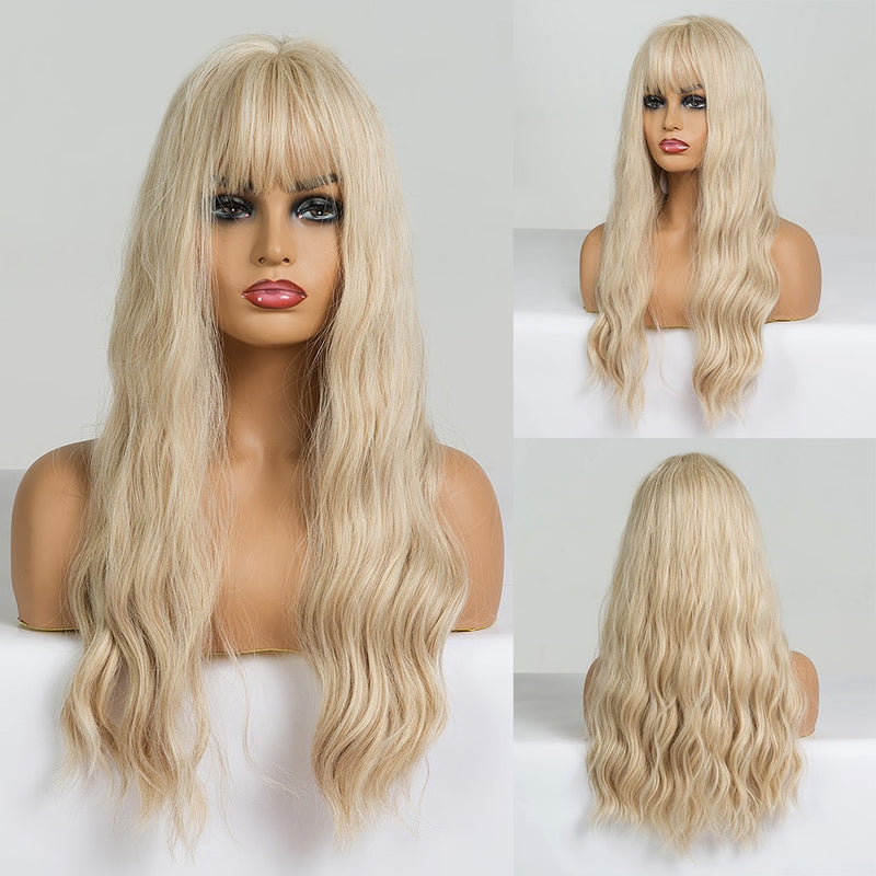 GEMMA Synthetic Long Wavy Dark Brown Golden Highlight Wig for Black Women African American Cosplay Wig with Bangs Heat Resistant