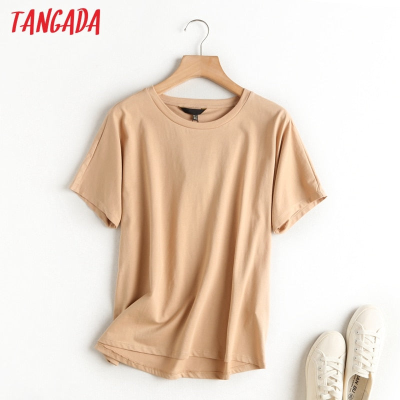 Tangada 2022 women khaki basic cotton T shirt short sleeve O neck tees ladies casual tee shirt street wear top 6D5