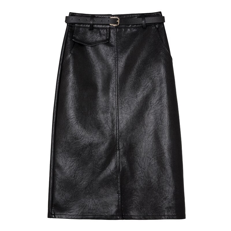 REALEFT Black PU Leather Skirt Autumn Winter Front Split Pencil Midi Skirts Elegant High Waist Sheath Wrap Skirts with Belt 2022