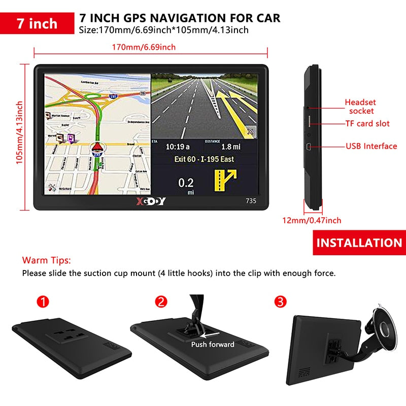 XGODY 7-Zoll-HD-Bildschirm Auto-Navigationssystem GPS-Fahrzeug 8 GB Auto-GPS-Navigation Sprachansagen LKW-Navigation Amerika Kostenlose Karte 2022