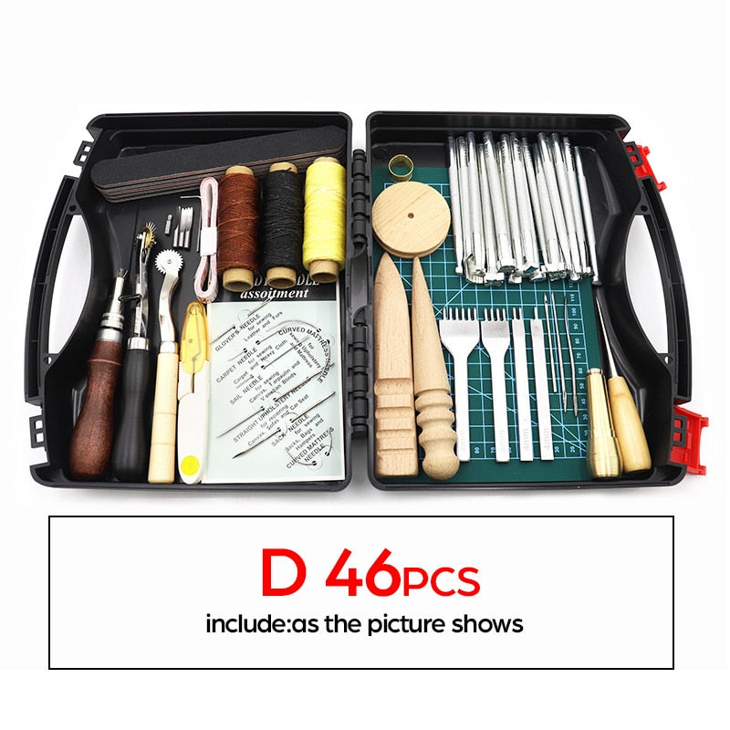 Kit de herramientas de artesanía de cuero profesional DIY, punzón de costura a mano, conjunto de ranuradora de trabajo de tallado, accesorios, caja de herramientas DIY