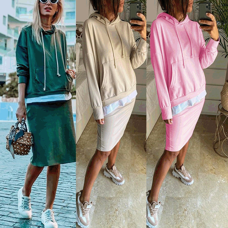 2022 New Women Casual Two Piece Set Women Elegant Hoodie Sweatshirt And Harajuku A-line Skirts Two Piece Set Front Pocket Suit