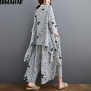 DIMANAF Plus Size Two Piece Set Suit Women Clothing Vinatge Print Elegant Lady Tops Shirt Linen Loose Pants Female Suit Summer