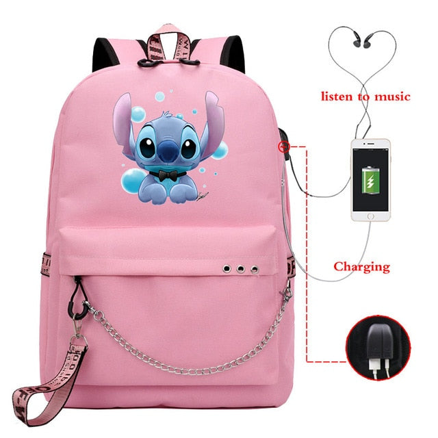 Disney Kawaii Stitch Bag Zipper USB Charging Mochila Capacity Backpack Women Kpop School Bags for Teenage Girls Students